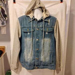 Denim Hooded Jacket with Gray Sleeves